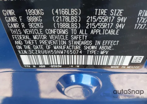 2022 Honda Hr-V Awd Ex z USA, uszkodzony, nr VIN 3CZRU6H59NM765074